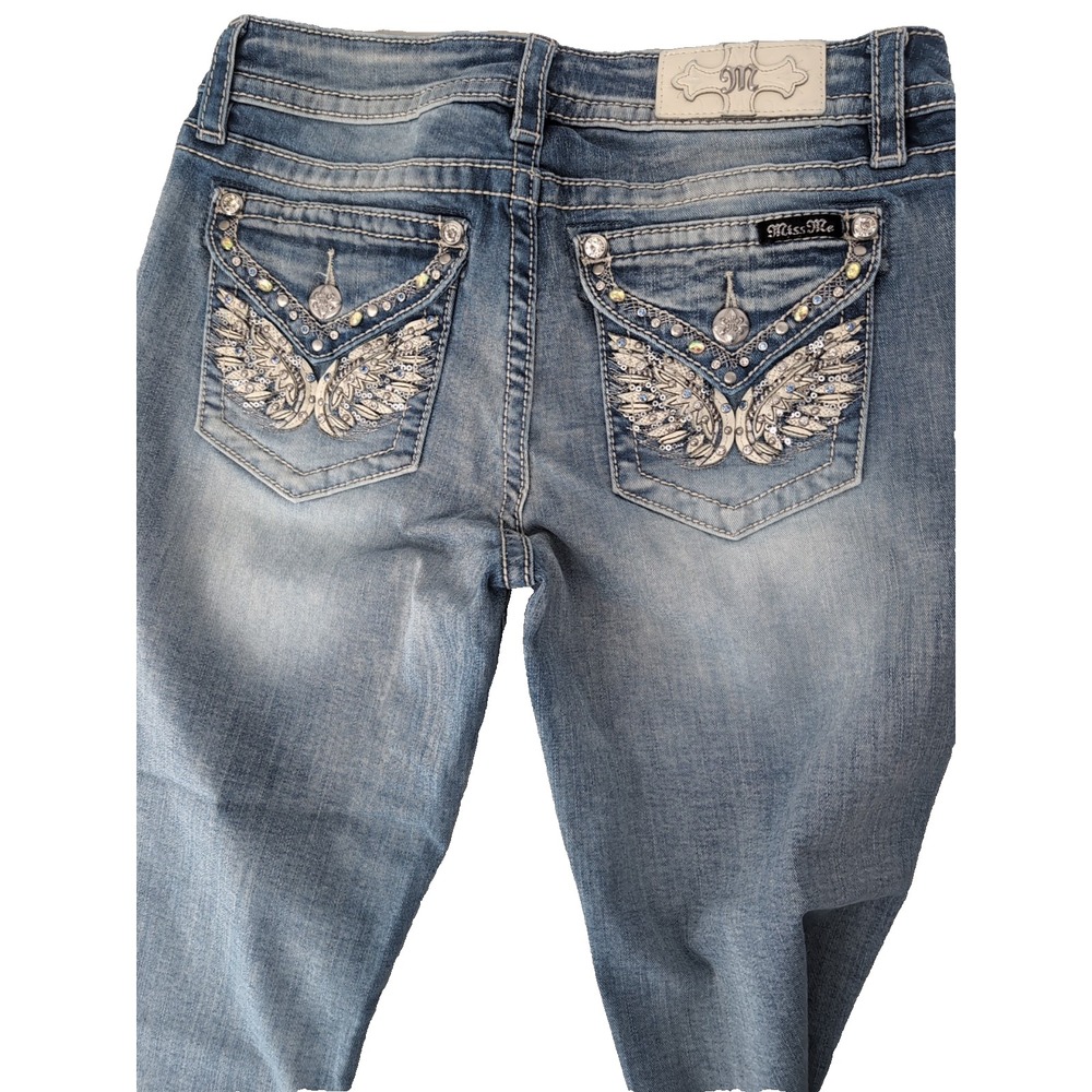 Miss Me Womens Angel Wing Bootcut Jeans Light Wash Rhinestone Embellished 29 x22